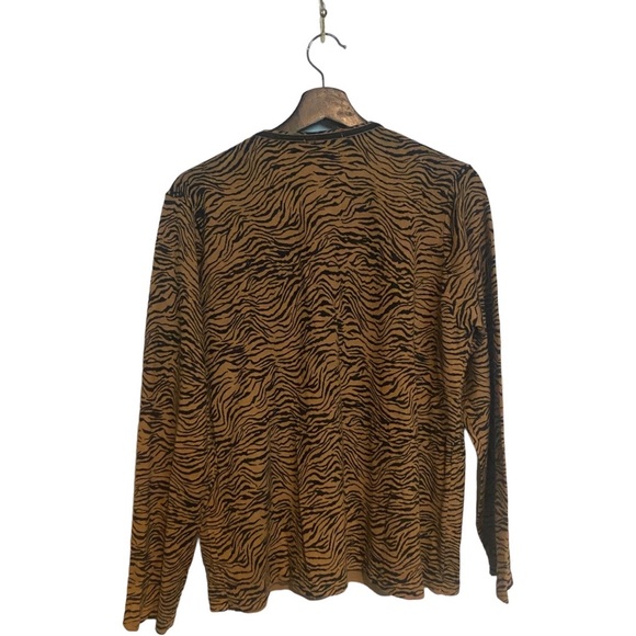 Orvis Size L Sweater Cardigan Wool Blend Velvet Trim Brown Animal Print - Picture 2 of 4